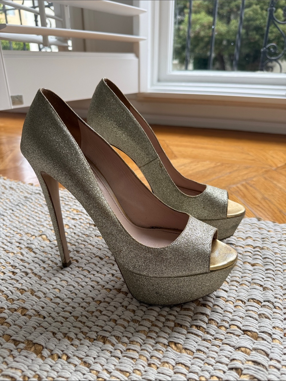Miu Miu Gold Glitter Peep-Toe Platform Pumps